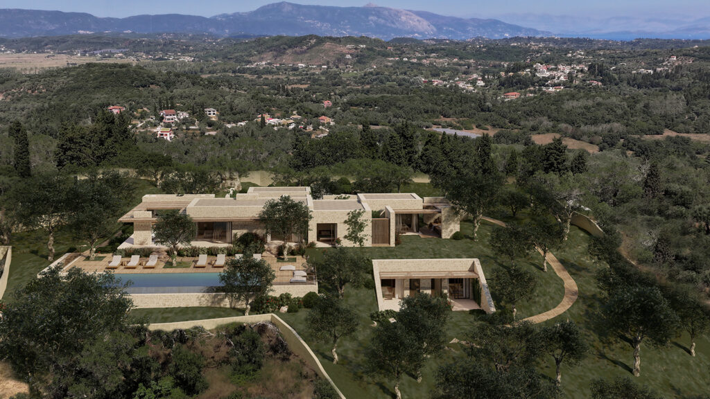 Thetacon Architecture Construction Corfu Casa Ruina Minimal villa stone sea view in Kortiraki process out front view 2
