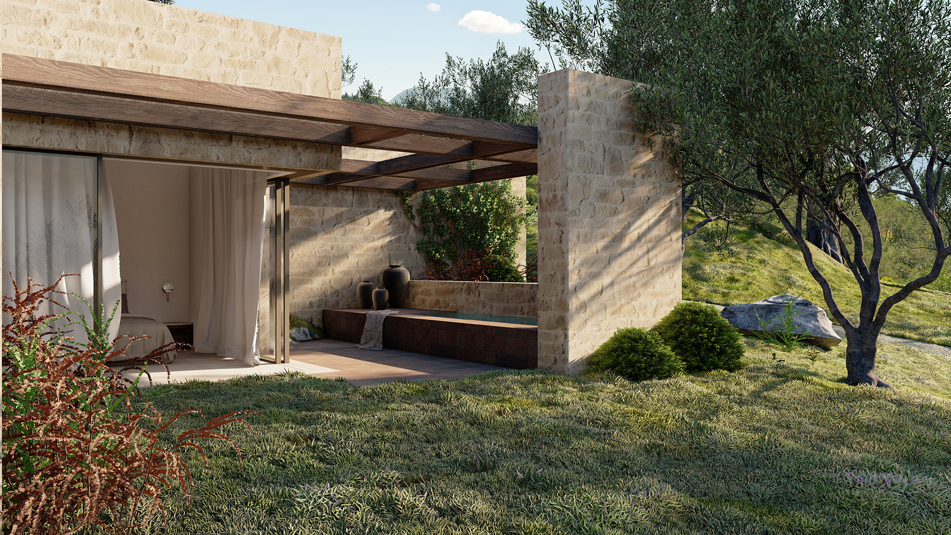 Thetacon Architecture Construction Corfu Casa Ruina Minimal villa stone sea view in Kortiraki process out bedroom 2