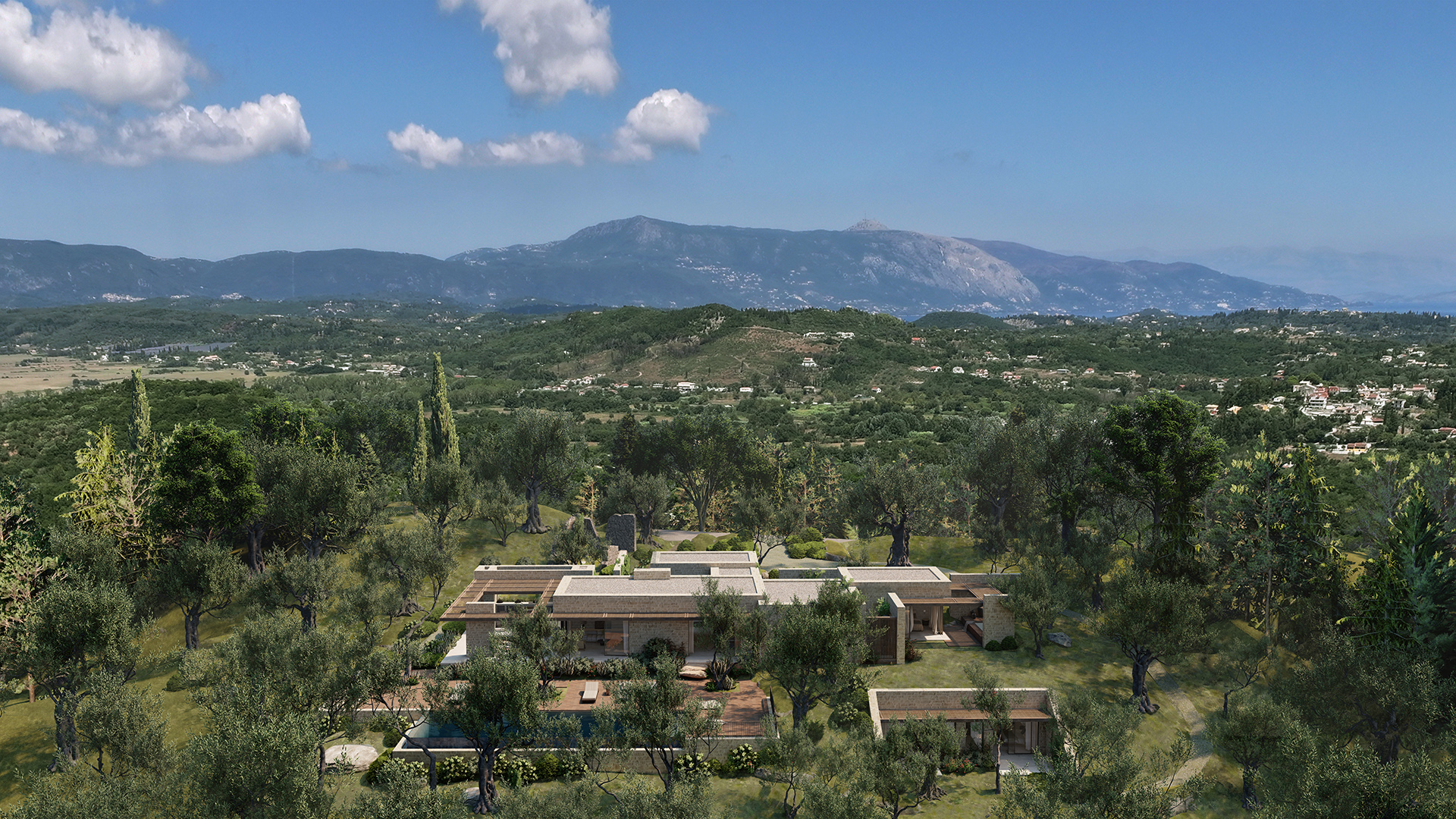 Thetacon Architecture Construction Corfu Casa Ruina Minimal villa stone sea view in Kortiraki process out front view 2