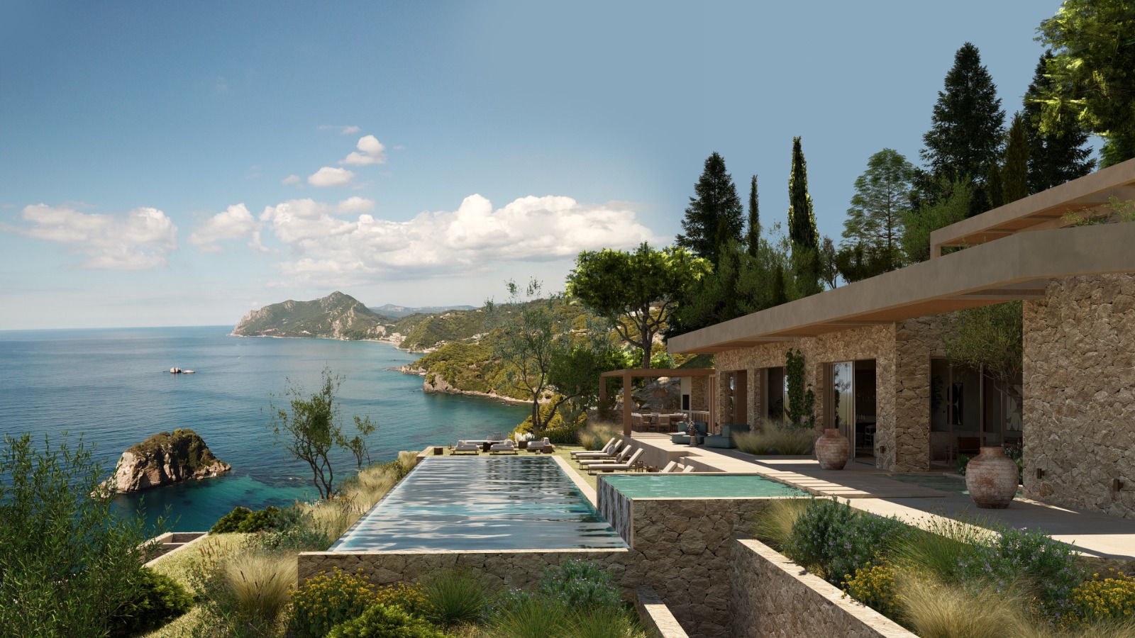 Thetacon Architecture Construction Corfu Aerostato Minimal villa with stone in Aerostato process outdoor sea view pool