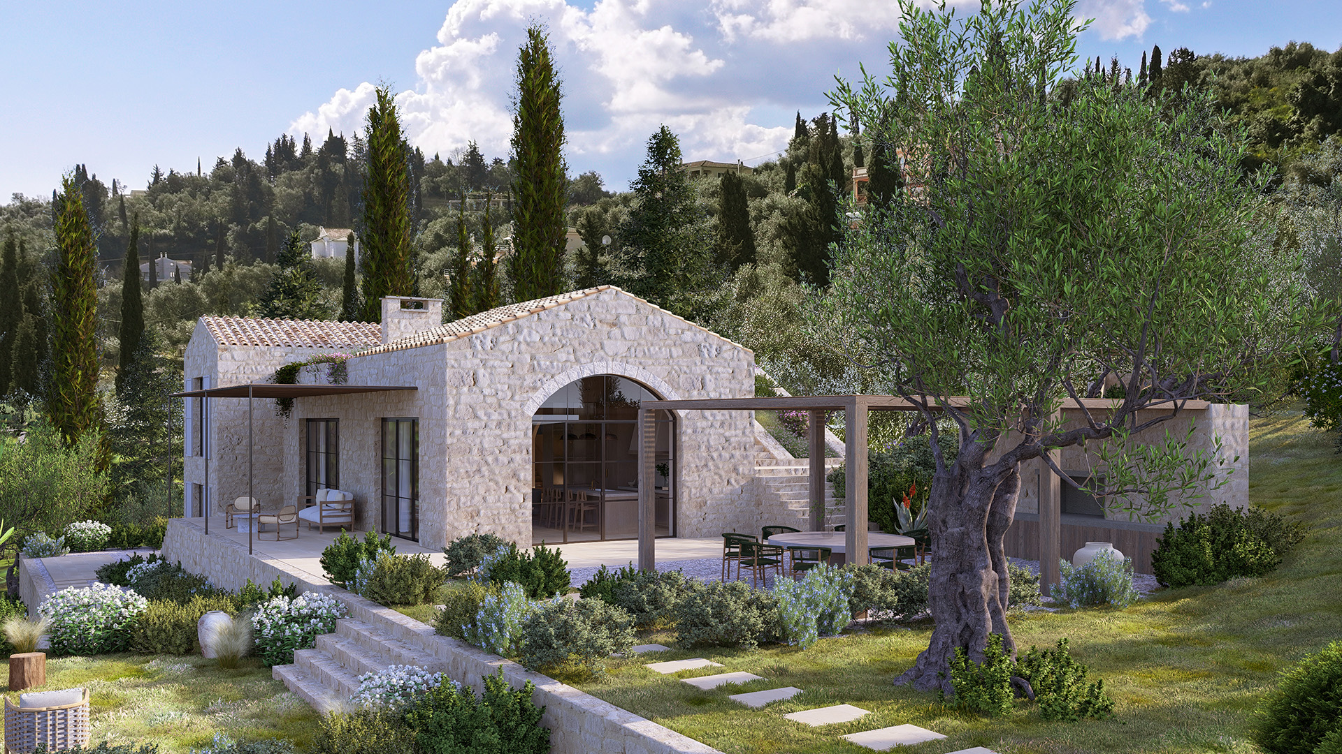 Thetacon Architecture Construction Corfu Fattoria Medditerenean Stone Villa Rural Rooftop out side view