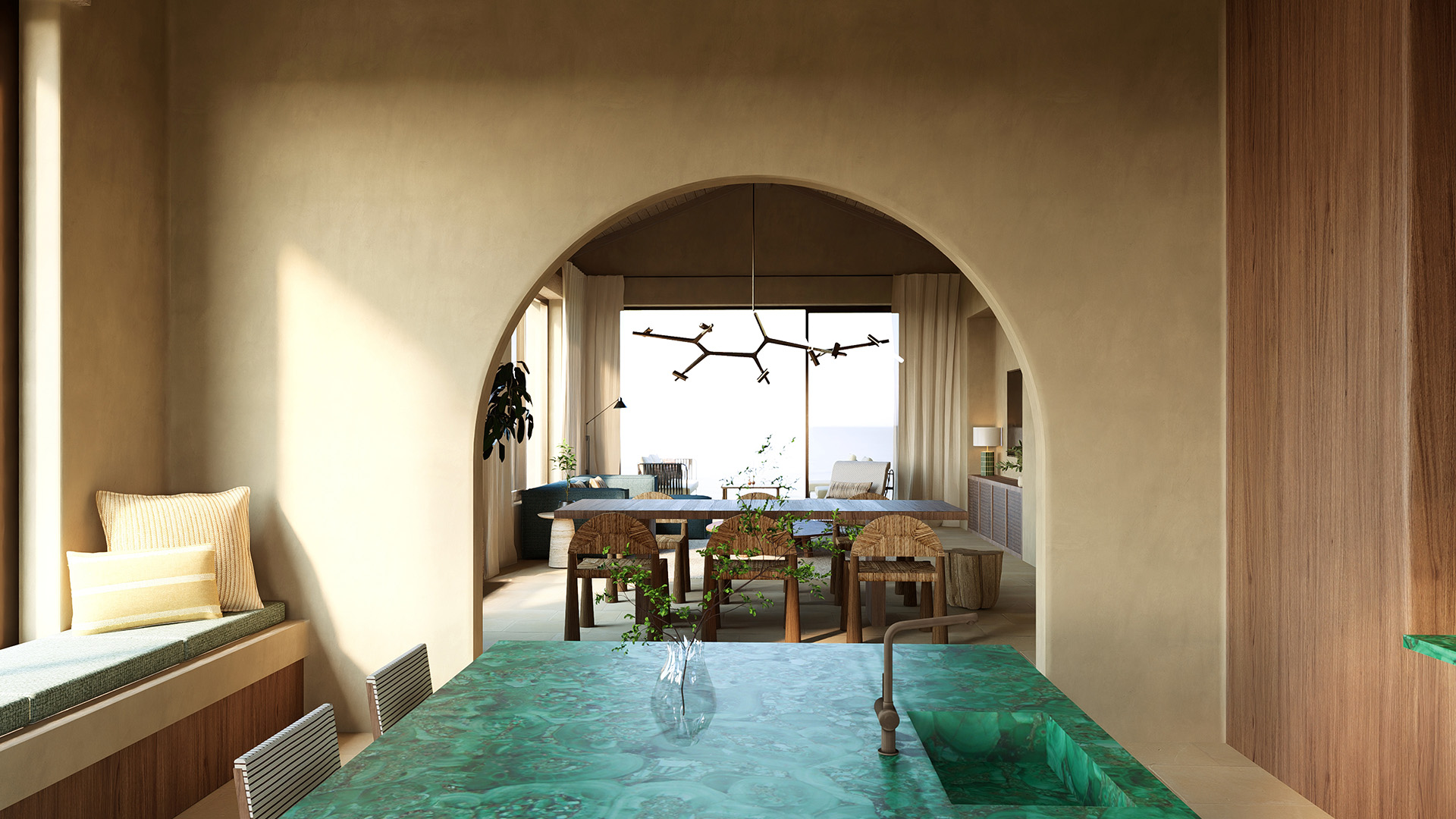 Thetacon Architecture Construction Corfu Casa RoI in Pelekas Indoors Kitchen Area Looking At Living Room