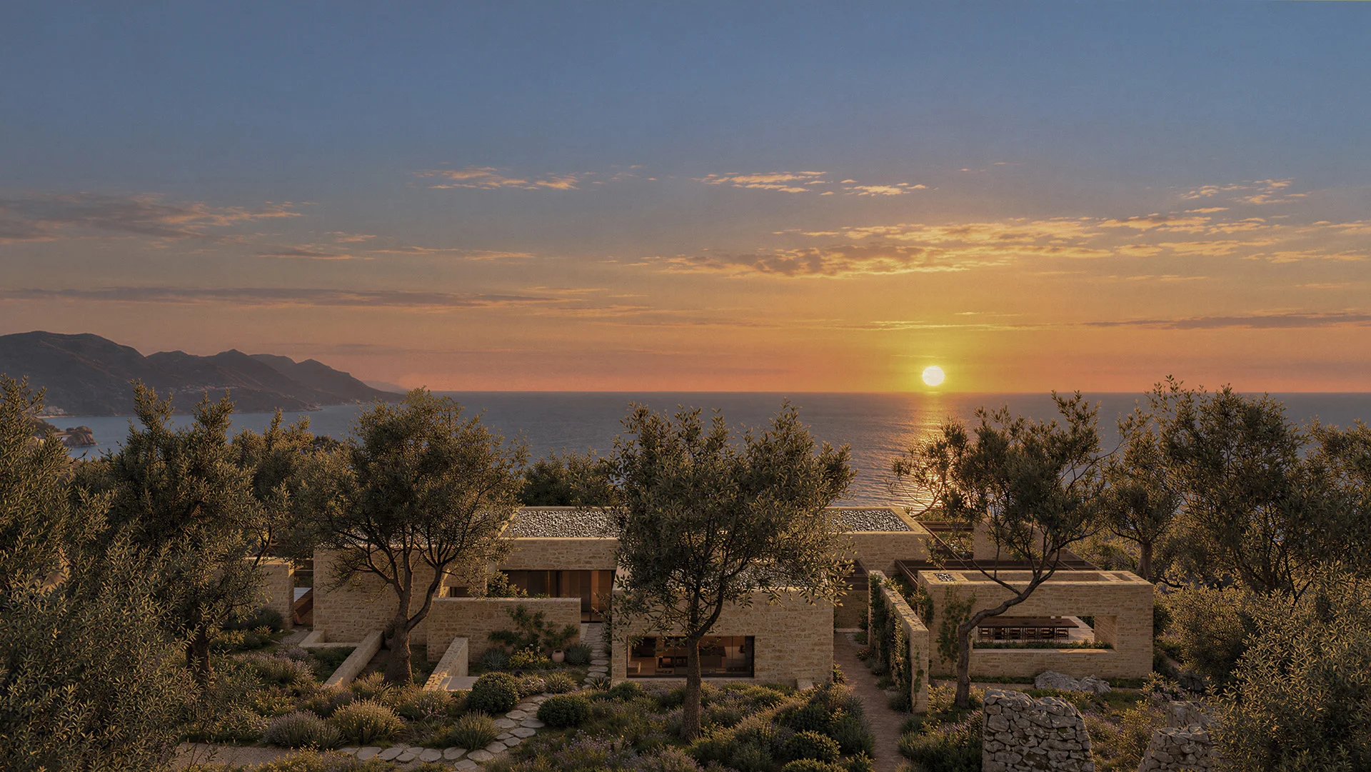 Thetacon Architecture Construction Corfu Casa Ruina Total View sunset front view sea side