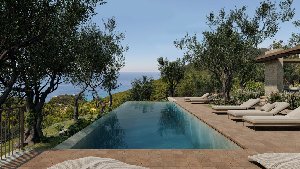 Thetacon Architecture Construction Corfu Casa Ruina Minimal villa stone sea view in Kortiraki process out pool view 2