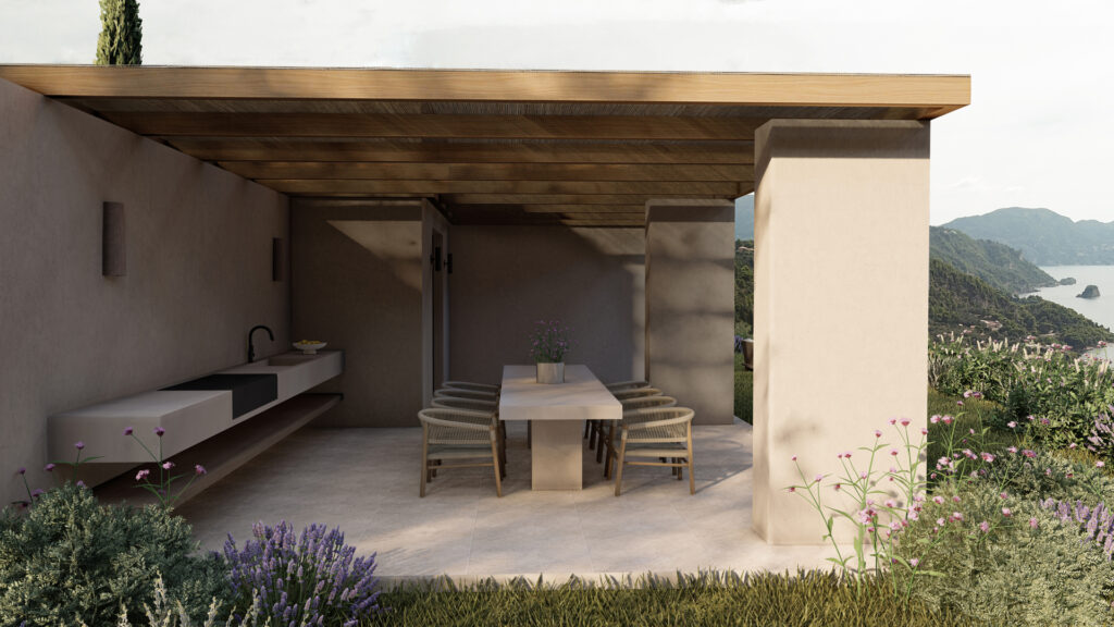 Thetacon Architecture Construction Corfu Cubica House Minimal villa in Pelekas process out bbq 2